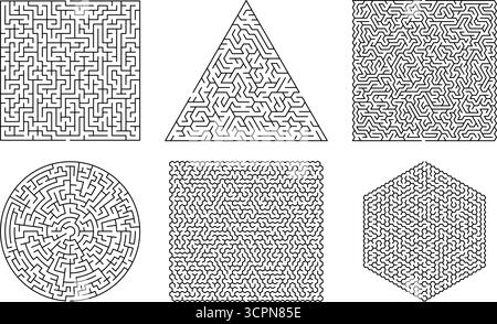 Puzzle labyrinthe défini dans des formes géométriques carrées, triangulaires et circulaires. Illustration vectorielle Illustration de Vecteur
