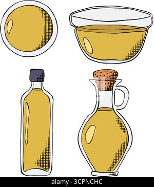 Ensemble vectoriel d'images de différents types d'huile pour la cuisson. Illustration vectorielle en couleur à l'encre de la ligne graphique. Groupe bouteilles d'huile pour friture Design for Illustration de Vecteur