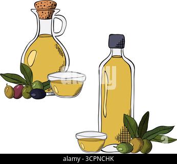 Bouteille d'huile d'olive, baie, branche isolée ensemble. Illustration vectorielle en couleur à l'encre de la ligne graphique. design pour graphiques de mode, impressions textiles, tissus, mur Illustration de Vecteur
