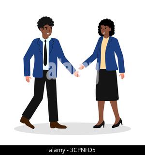 Deux professionnels des affaires, un homme et une femme, se serrent la main tout en souriant dans un bureau moderne. Ils semblent être engagés dans une profession positive Illustration de Vecteur