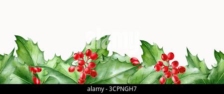 Baies de Noël, branches de houx et feuilles, bordure. Aquarelle ornement traditionnel, décor et symbole de Noël, hiver et nouvel an. Banque D'Images