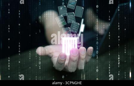 Concept futuriste de suppression de documents numériques avec fond de code binaire, symbolisant le nettoyage de fichiers, le stockage sécurisé, le cryptage et les données innovantes Banque D'Images