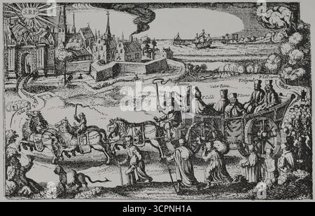 France. Gravure allégorique anonyme relative à l'expulsion des Jésuites, suite au plaidoyer d'Antoine Arnauld devant l'Université de Paris. Antoine Arnauld est assis sur la voiture. Le 12 juillet 1594, un procès débute devant le Parlement de Paris. Il opposait l'Université de Paris, avec les prêtres de la paroisse de la ville, à la Compagnie de Jésus. Antoine Arnauld agit comme avocat de l'université, accusant les Jésuites d'avoir provoqué les guerres de religion françaises afin de favoriser l'Espagne. XVIIme siècle : lettres, sciences et arts, France 1590-1700 (XVIIe siècle : lettres, sciences et Ar Banque D'Images