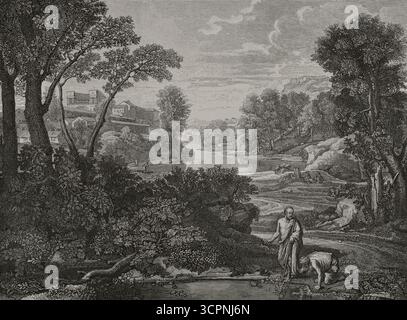 Paysage avec Diogène. Gravure de Huyot d'après le tableau du peintre français Nicolas Poussin (1594-1665), œuvre réalisée entre 1654 et 1658. XVIIe siècle : lettres, sciences et arts, France 1590-1700 (XVIIe siècle : lettres, sciences et arts), par Paul Lacroix. Publié à Paris par librairie de Firmin-Didot et Cie, 1882. Banque D'Images