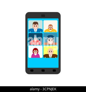 Visioconférence sur smartphone avec interface de chat, symbolisant les réunions à distance, le travail d'équipe en ligne et la communication numérique dans le style de vie moderne. Illustration de Vecteur