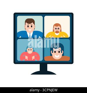 Visioconférence sur l'écran du bureau. Ordinateur de bureau montrant une visioconférence avec plusieurs participants, symbolisant des réunions en ligne, équipe distante Illustration de Vecteur