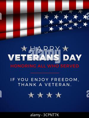 Modèle vertical de la Journée des anciens combattants pour les publications, affiches, bannières, dépliants sur les médias sociaux. Drapeau américain patriotique sur fond bleu avec hommage aux vétérans Illustration de Vecteur