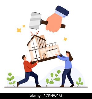 Grand marteau frappant maison moderne tenue par deux personnes symbolise le marché immobilier, les taux hypothécaires, les changements de valeur de la propriété, les décisions financières, la propriété, isolé sur fond blanc illustration vectorielle Illustration de Vecteur