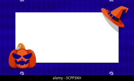 Modèle de fond horizontal d'Halloween avec citrouille souriante et chapeau de sorcière sur bleu avec du papier blanc pour le texte idéal pour célébrer les événements en octobre. Illustration de Vecteur