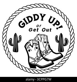 Tiddy Up ou sortir des bottes de cowboy et des cacti dans un cercle de corde Illustration de Vecteur