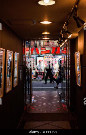 TOKYO, JAPON - 27 OCTOBRE 2024 - image verticale d'un couloir sombre vers les rues animées avec des néons éclairant le centre commercial de Tokyo Banque D'Images