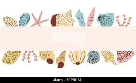 Bordure de coquille de mer dans des couleurs pastel mignonnes pour invitation ou modèle de carte de voeux avec espace vide. Voyage, thème de vacances dans le style de dessin animé plat pour Illustration de Vecteur