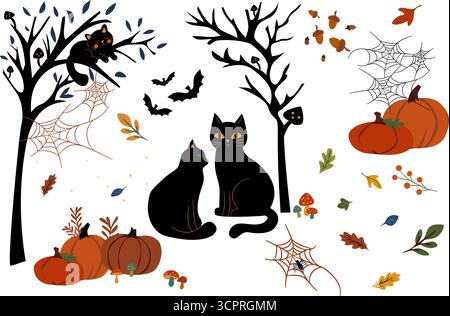 Clipart d'Halloween avec chats noirs, citrouilles, arbres, chauves-souris, toiles d'araignées et feuilles d'automne. Parfait pour le décor de fête, les impressions, les autocollants et les invitations. Illustration de Vecteur
