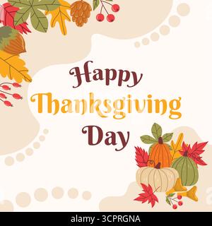 Carte de voeux carrée d'automne pour Happy Thanksgiving jour avec bordure de forme organique de feuilles, citrouilles, champignons et baies dans un style de dessin animé plat. Mer Illustration de Vecteur