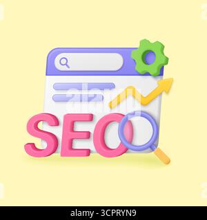 Lettres SEO 3D colorées avec loupe, flèche vers le haut, engrenage et fenêtre de navigateur sur fond jaune pour le marketing numérique et le classement de site Web illustration vectorielle isolée Illustration de Vecteur