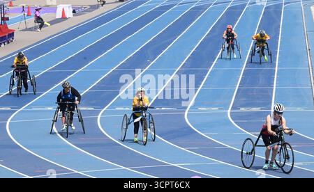 NEW DELHI, INDE - 20 SEPTEMBRE : participantes à la finale du 100m T71 féminin le premier jour des Championnats du monde de para Athlétisme New Delhi 2025 au Jawaharlal Nehru Stadium, le 20 septembre 2025 à New Delhi, Inde. Photo Sonu Mehta/Hindustan Times Championnats du monde de para Athlétisme New Delhi 2025 Banque D'Images
