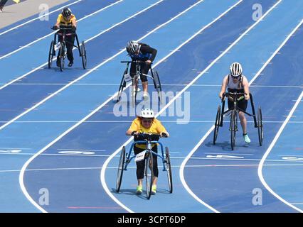 NEW DELHI, INDE - 20 SEPTEMBRE : participantes à la finale du 100m T71 féminin le premier jour des Championnats du monde de para Athlétisme New Delhi 2025 au Jawaharlal Nehru Stadium, le 20 septembre 2025 à New Delhi, Inde. Photo Sonu Mehta/Hindustan Times Championnats du monde de para Athlétisme New Delhi 2025 Banque D'Images