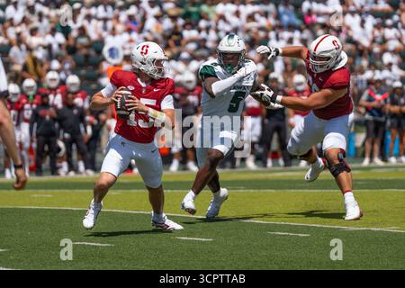 Redshirt quarterback senior #15 pour Stanford est prêt à lancer lors d'un match à enjeux élevés contre Hawaii. Idéal pour les images éditoriales sportives et NCAA. Banque D'Images