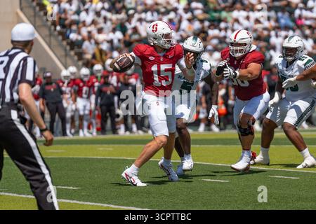 Redshirt quarterback senior #15 pour Stanford est prêt à lancer lors d'un match à enjeux élevés contre Hawaii. Idéal pour les images éditoriales sportives et NCAA. Banque D'Images
