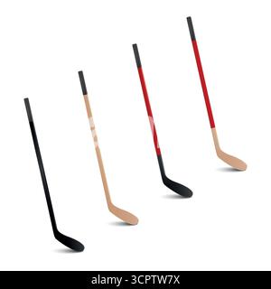 Vector 3d Realistic Hockey Sticks Set. Équipement de hockey sur glace de couleur différente, icônes de bâton de hockey composite en bois et moderne. Design sport hockey Illustration de Vecteur