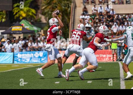 Redshirt quarterback senior #15 pour Stanford est prêt à lancer lors d'un match à enjeux élevés contre Hawaii. Idéal pour les images éditoriales sportives et NCAA. Banque D'Images