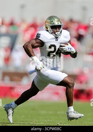 27 septembre 2025 : notre Dame Running Back Jadarian Price (24 ans) traverse le terrain avec le ballon. Norte Dame a battu l'Arkansas 56-13 à Fayetteville, AR. Richey Miller/CSM Banque D'Images