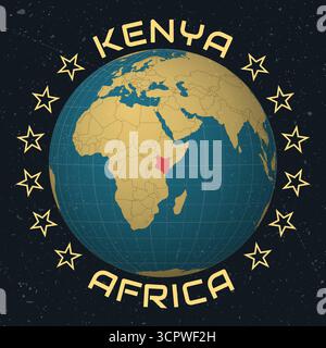 République du Kenya sur Globe. Nom du pays dans le texte rond. Look vintage avec texture grunge rayée. Illustration de Vecteur