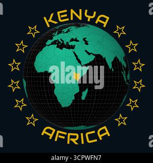 République du Kenya sur Globe. Arrondissez le texte du nom du pays et du continent. Vue du pays sur la carte du monde dans la palette de couleurs Black Emerald. Kenya forme sur la carte Illustration de Vecteur