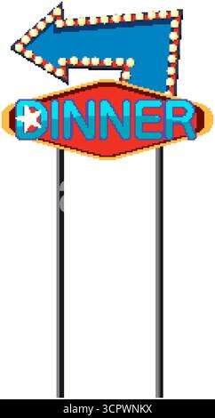 Vecteur de signe de diner vintage avec flèche bleue, lumières illuminées et esthétique rétro nostalgique en bord de route. Illustration de Vecteur