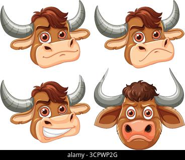 Quatre têtes de taureau de dessin animé montrant différentes émotions dans un style vectoriel audacieux et propre sur blanc. Illustration de Vecteur
