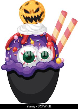 Vecteur sundae d'Halloween effrayant avec des globes oculaires de bonbons, du glaçage violet, des bâtonnets de gaufrettes et du biscuit à la citrouille. Illustration de Vecteur