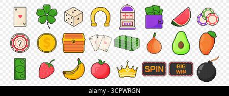 icônes de machine à sous 8 bits définies. Objet Pixel art. Graphique de jeu vintage old School. Trèfle, pièces de monnaie, dés, carte à jouer, fruits, fer à cheval, couronne, fente mac Illustration de Vecteur