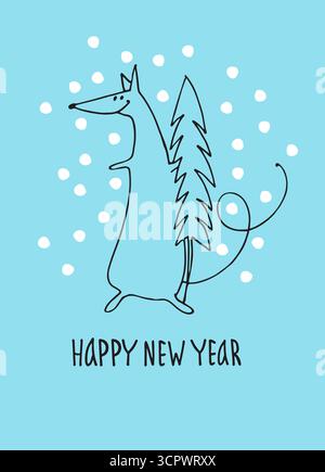 Carte de voeux du nouvel an avec rat, animal du zodiaque pour 2020. Horoscope rat avec arbre du nouvel an, lettrage à la main, flocons de neige Illustration de Vecteur