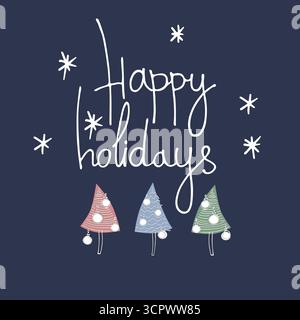 Carte de voeux joyeuses fêtes dans un style moderne. Arbres de Noël, flocons de neige, lettrage, fond bleu Illustration de Vecteur