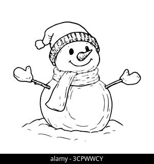 Bonhomme de neige dans un chapeau avec des yeux, croquis noir et blanc. Illustration vectorielle. Un bonhomme de neige joyeux dans une écharpe est souriant, isolé sur un fond blanc. CHR Illustration de Vecteur