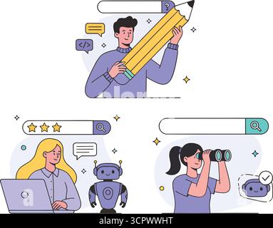Jeu de recherche AI. Les personnages utilisent l'assistant d'intelligence artificielle pour surfer sur Internet, la recherche en ligne, trouver des réponses, la recherche. Optimisation SEO co Illustration de Vecteur