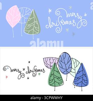 Deux cartes de vœux dans l'ensemble de Noël. Lettrage à la main élégant et arbres d'hiver stylisés Illustration de Vecteur