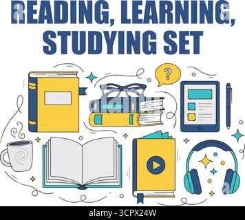 Lire, apprendre, étudier ensemble. Livres papier, ebook, livre audio et autres articles de bibliothèque. Concept d'éducation. Illustration vectorielle. Illustration de Vecteur