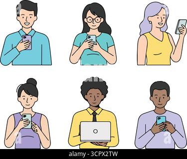 Personnes avec des périphériques définis. Les personnages féminins et masculins utilisent smartphone, ordinateur portable, surfent sur Internet, naviguent dans les médias sociaux. Business Doodle concept. V Illustration de Vecteur