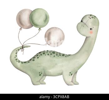 Fête d'anniversaire des dinosaures. Aquarelle illustration dessinée à la main avec bébé Dino et ballons sur la queue. Animaux du Jurassique. Cèle sur le thème des dinosaures Banque D'Images