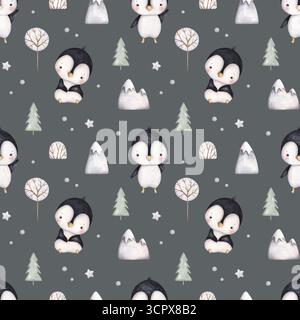 Des pingouins. Aquarelle dessin à la main motif sans couture avec de mignons bébés pingouins, des montagnes enneigées et un arbre d'hiver sur fond gris. Imprimé de dessin animé mignon pour ki Banque D'Images