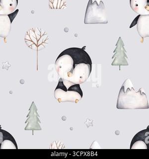 Des pingouins. Aquarelle dessinée à la main motif sans couture avec de mignons bébés pingouins, des montagnes enneigées et un arbre d'hiver. Joli imprimé de dessin animé pour les enfants. Banque D'Images