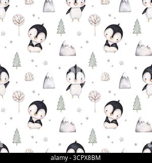 Des pingouins. Aquarelle dessinée à la main motif sans couture avec de mignons bébés pingouins, des montagnes enneigées et un arbre d'hiver. Joli imprimé de dessin animé pour les enfants. Banque D'Images
