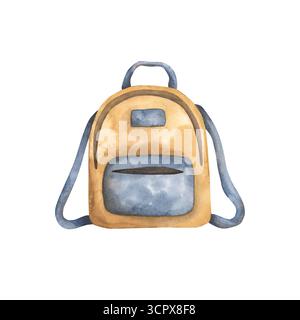 Retour à l'école. Aquarelle illustration dessinée à la main avec sac à dos. Éléments d'école mignons pour les enfants Banque D'Images