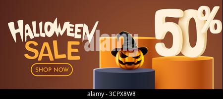 Solde d'Halloween 50 % de rabais sur la bannière avec Spooky Pumpkin. 50 % de réduction. Publicité de rabais saisonnier. Illustration vectorielle. Illustration de Vecteur