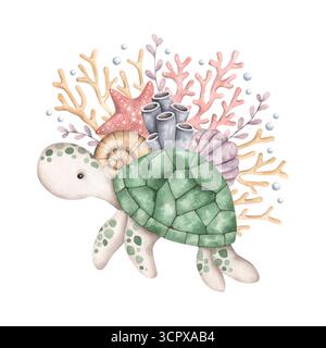 Sous la mer. Aquarelle illustration dessinée à la main avec tortue, étoiles de mer, coraux, plantes marines, coquillage. Animaux et plantes du monde sous-marin. Banque D'Images