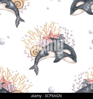 Sous la mer. Aquarelle dessinée à la main motif sans couture avec orque, étoiles de mer, coraux, plantes marines, coquillage et bulles. Animaux et plantes de l'UEDN Banque D'Images