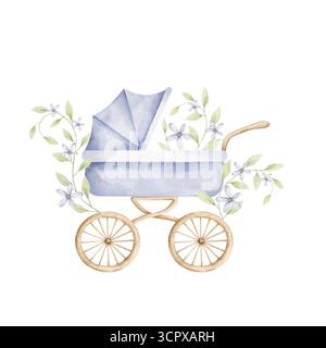 C'est un garçon. Aquarelle illustration dessinée à la main avec fauteuil roulant bleu et feuilles de tendresse et fleurs bleues. Illustration mignonne pour bébé garçon. Pour la conception Banque D'Images