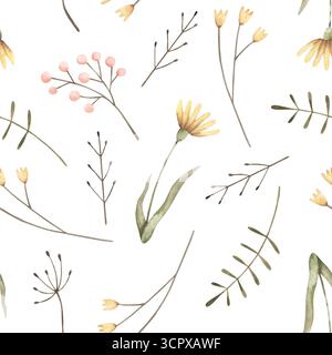 Woodland. Aquarelle dessinée à la main motif sans couture avec des fleurs sauvages. Imprimé mignon pour les enfants Banque D'Images