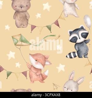 Bois frands. Aquarelle dessin à la main motif sans couture avec des animaux de forêt drôles sur fond jaune. Imprimé mignon pour les enfants Banque D'Images